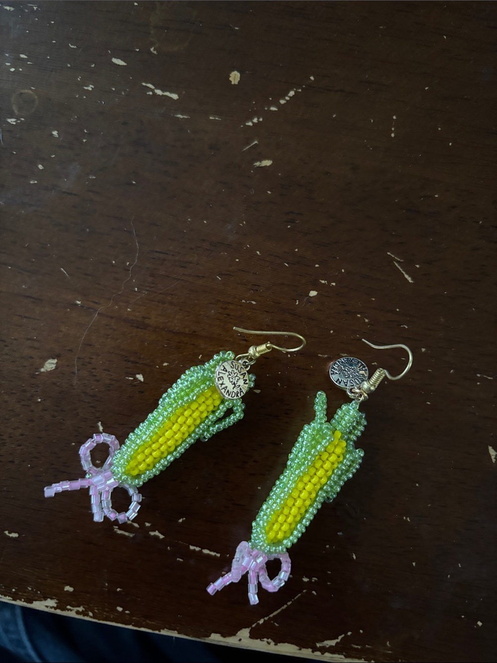 Susan Alexandra Yellow & Green Beaded Corn Earrings with Pink Bow Accents